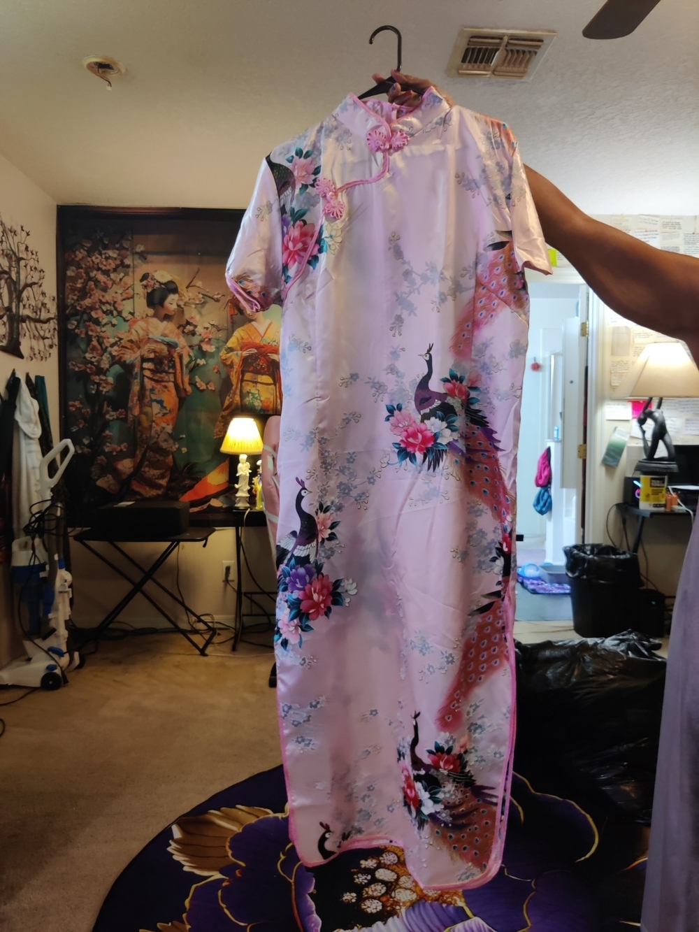 Source Unknown Pink Satin Cheongsam with Peacock & Floral Print